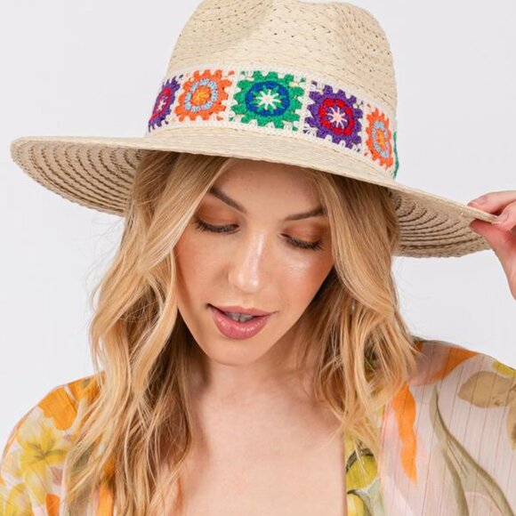 Crochet Boho Banded Straw Cowgirl Cowboy Sun Hat NEW - Picture 1 of 4